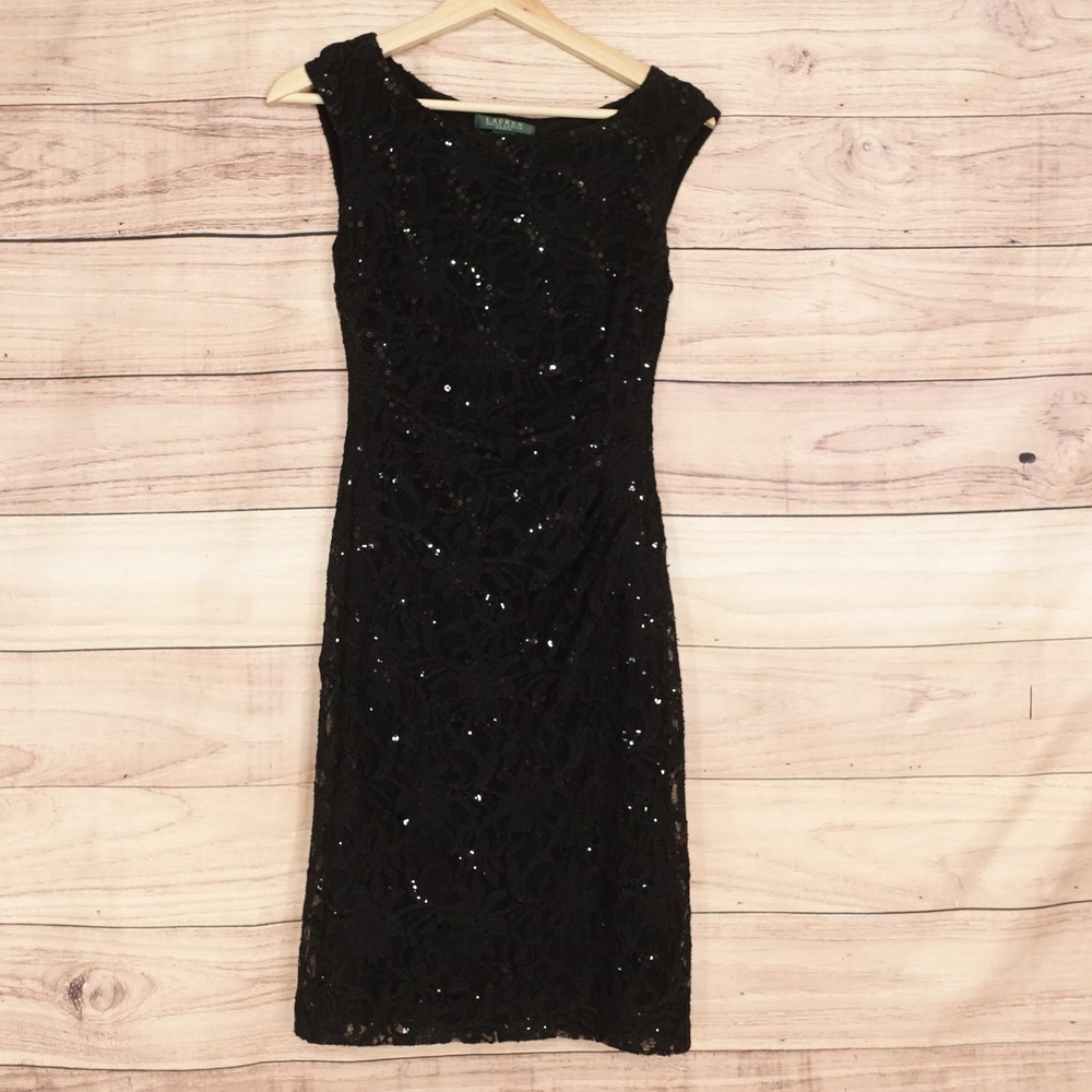 Lauren Ralph Lauren Dress Womens 2P Black Lace Sequin Sheath Knee Length Formal
